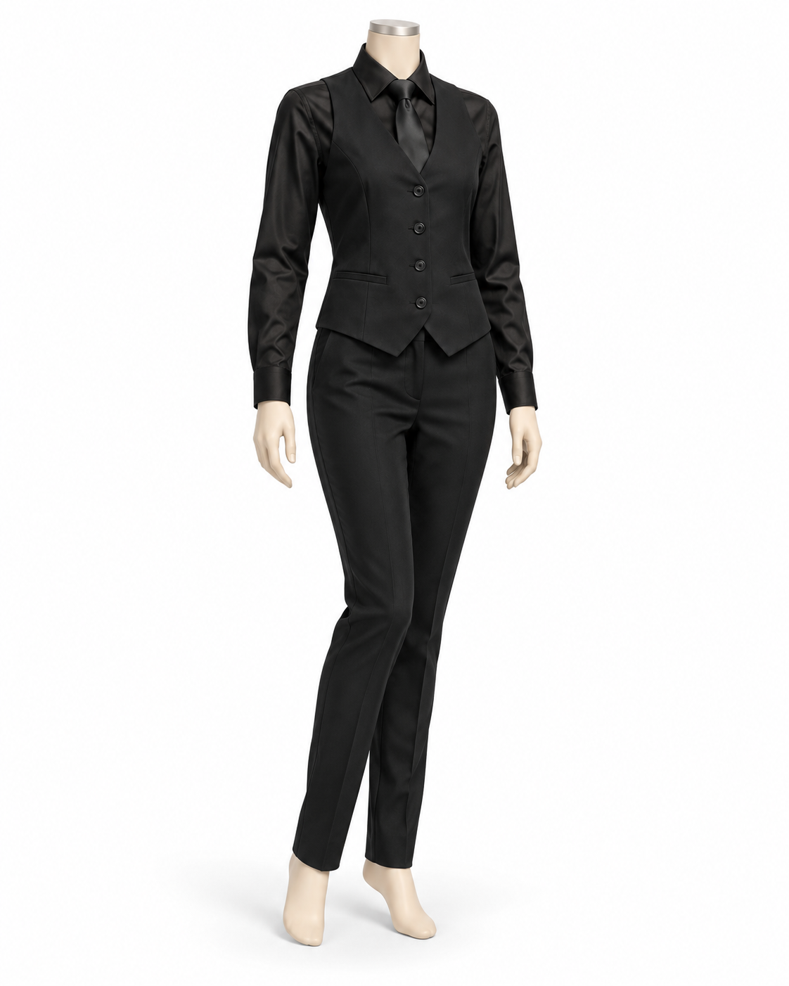 Kit Bartender Donna: gilet nero, camicetta nera, pantalone e cravatta