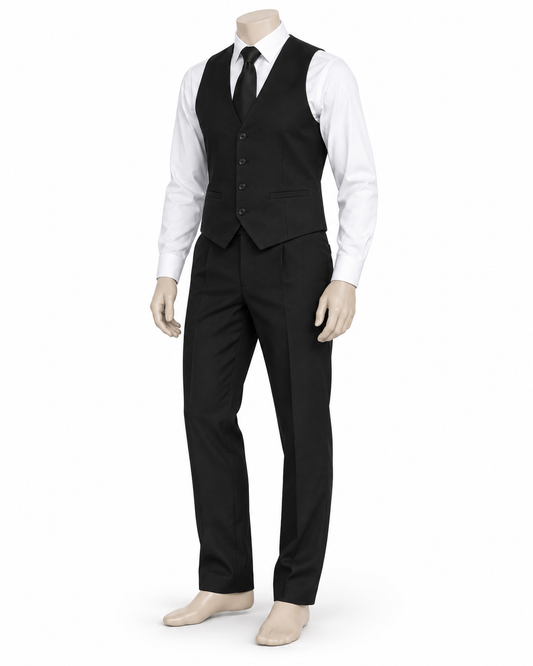 Kit Premium Uomo: gilet nero, camicia bianca, pantalone e cravatta
